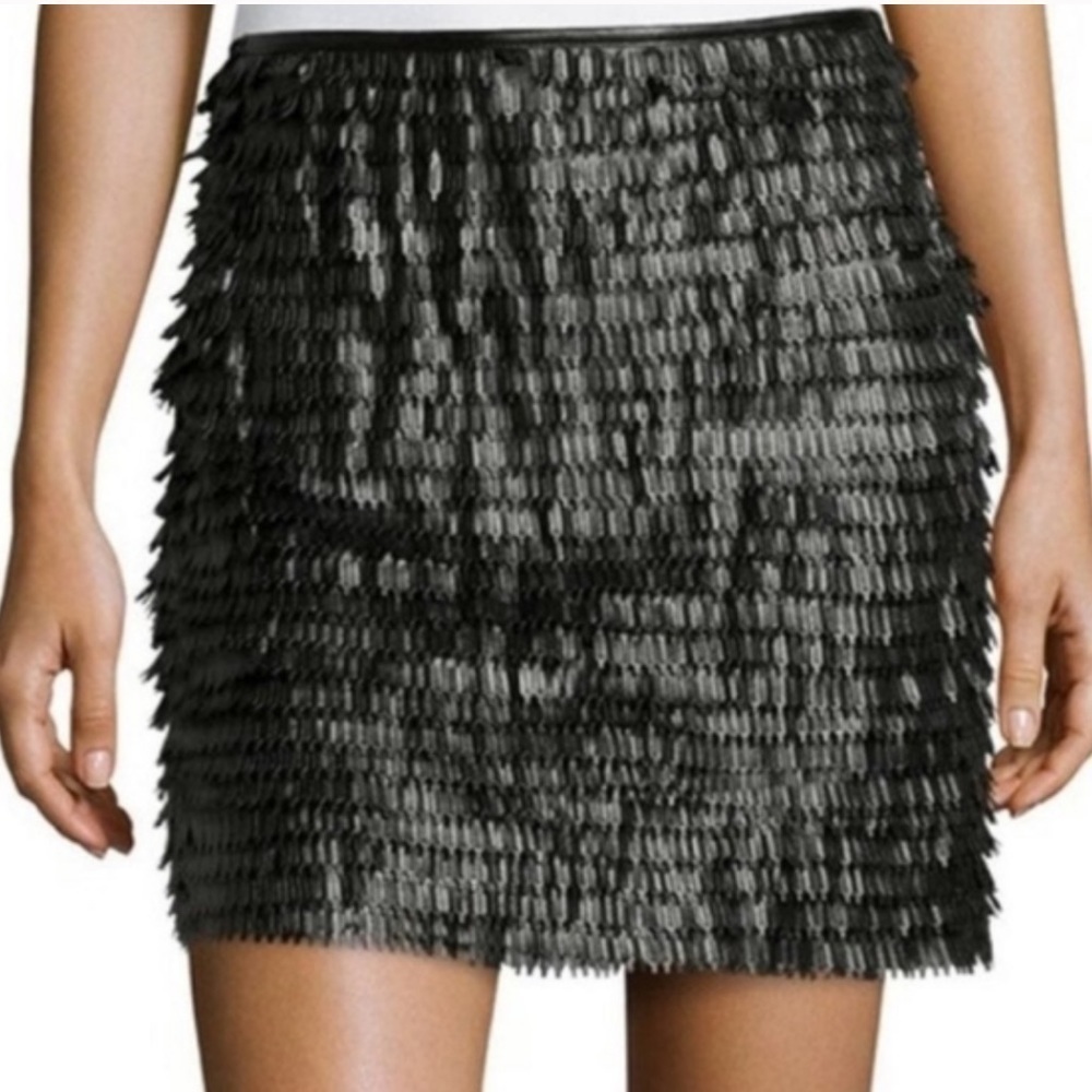 MAX STUDIO Black Faux Leather Fringe Mini Skirt Size Small